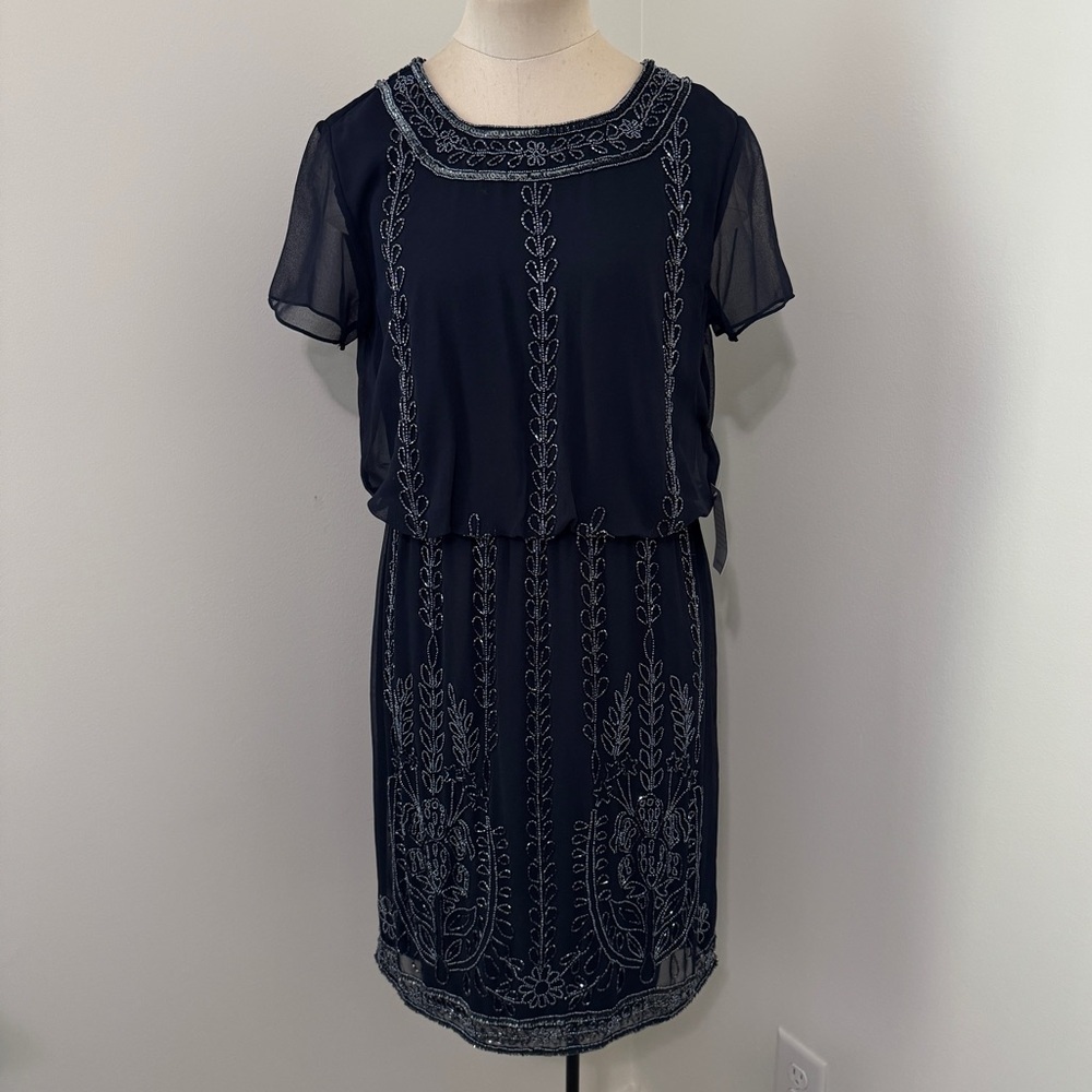 MARINA Navy Beaded Short-Sleeve Cocktail Dress